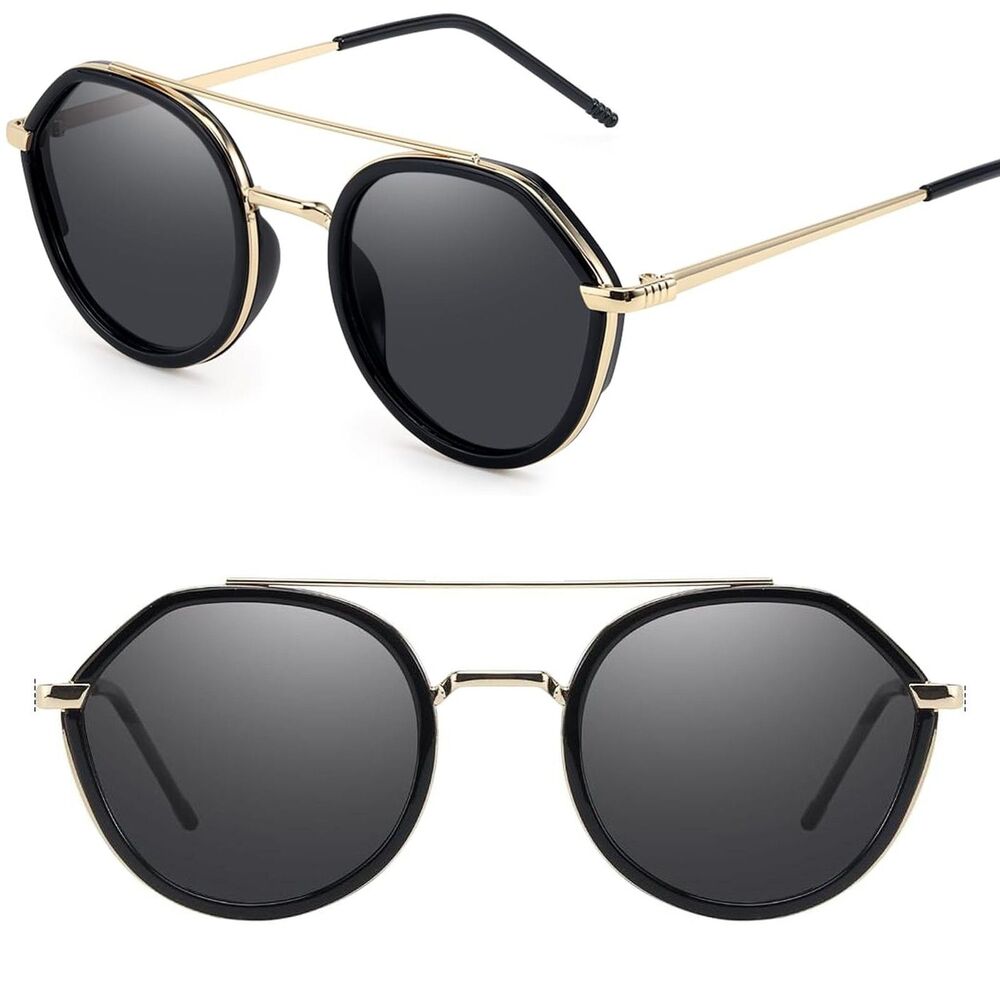 Women's Black Gray Polarized Round Double Bridge Retro Classic Chic Sunglasses